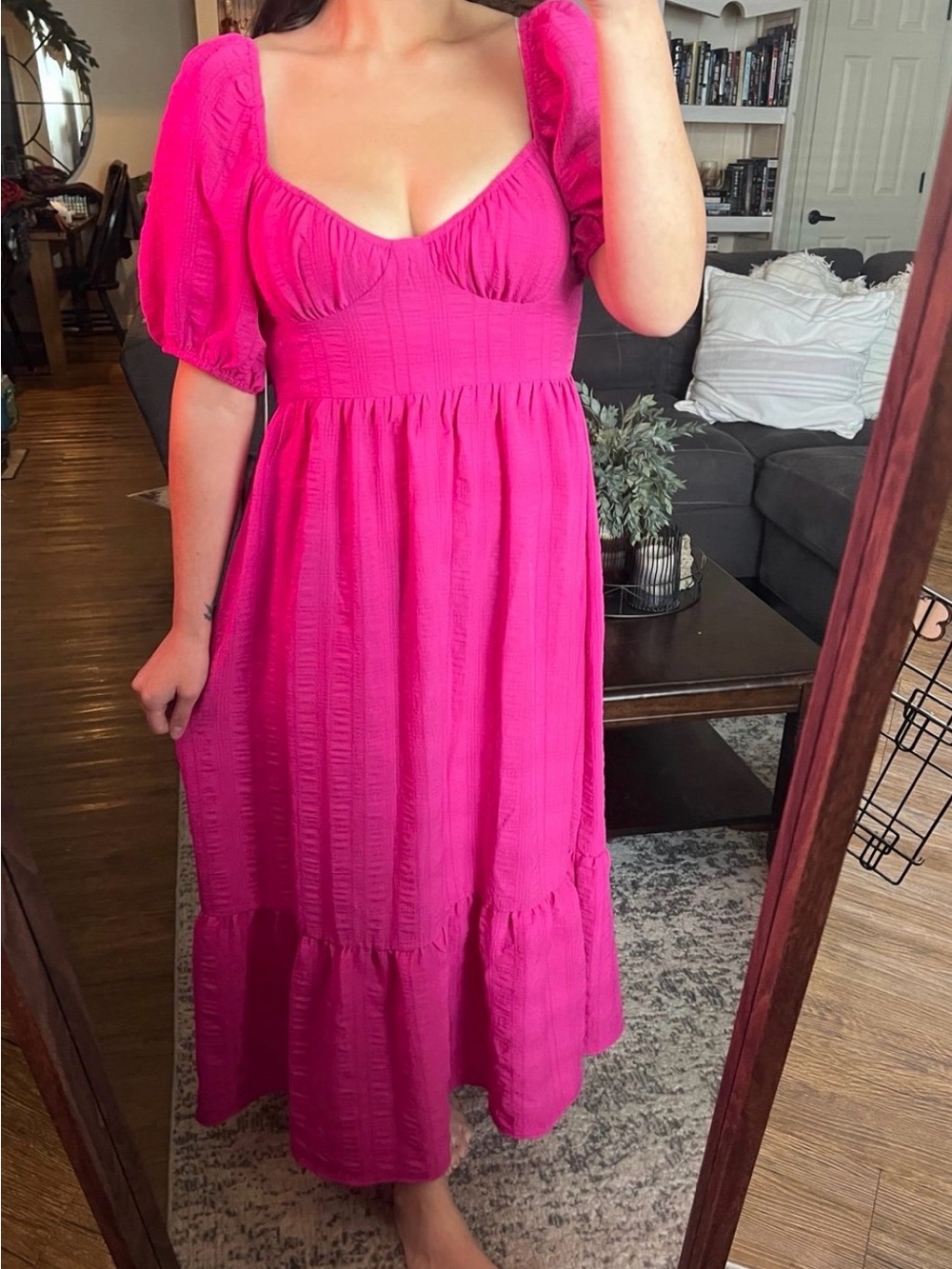Hot Pink Maxi Dress with Puff Sleeves
